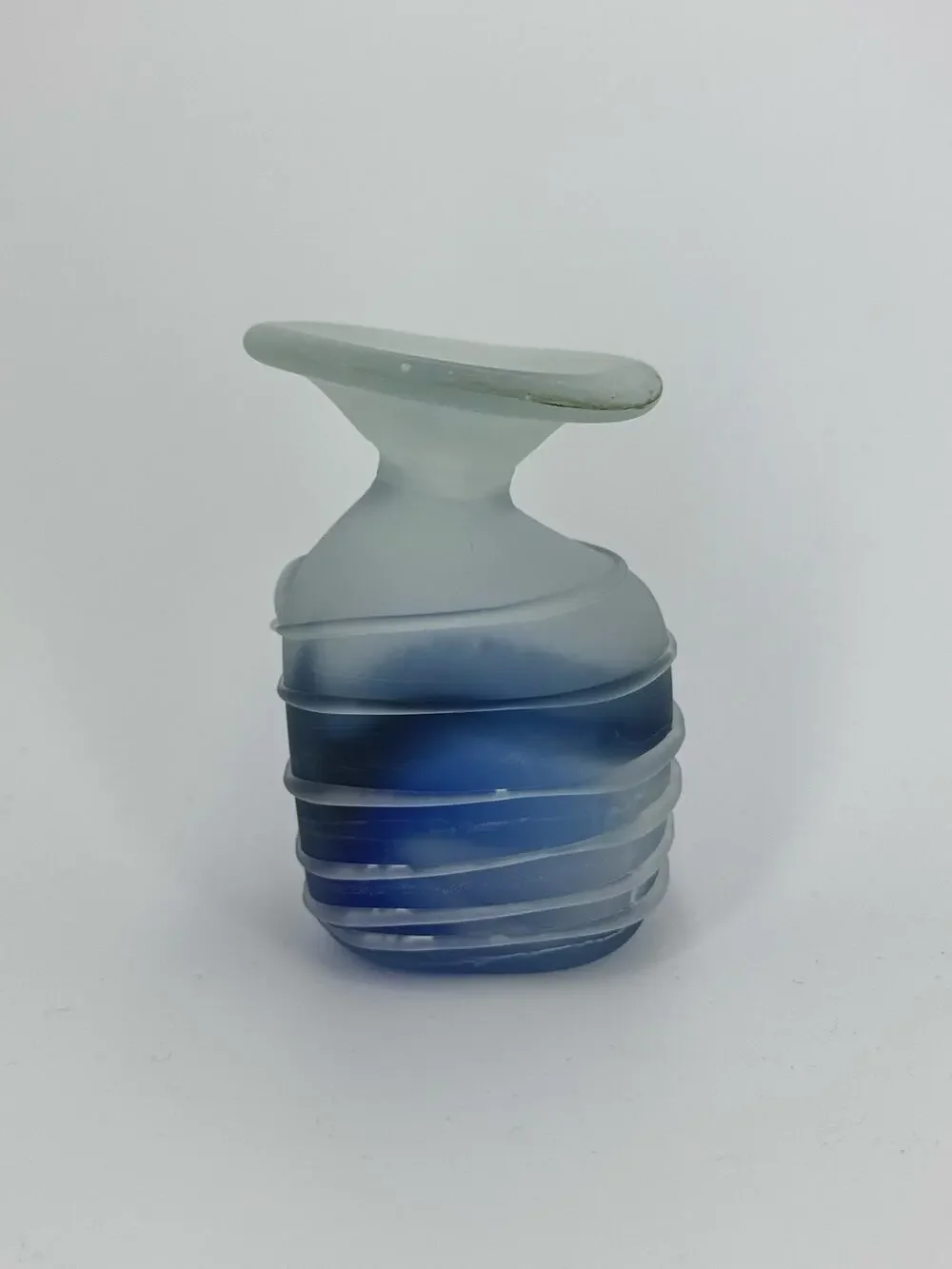 Hand Blown Frosted White Blue  Art Vase with Applied Swirls